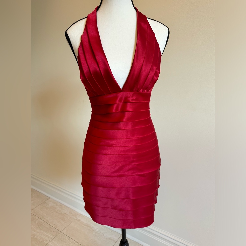 BCBG Red Halter Plunge V-Neck Mini Dress